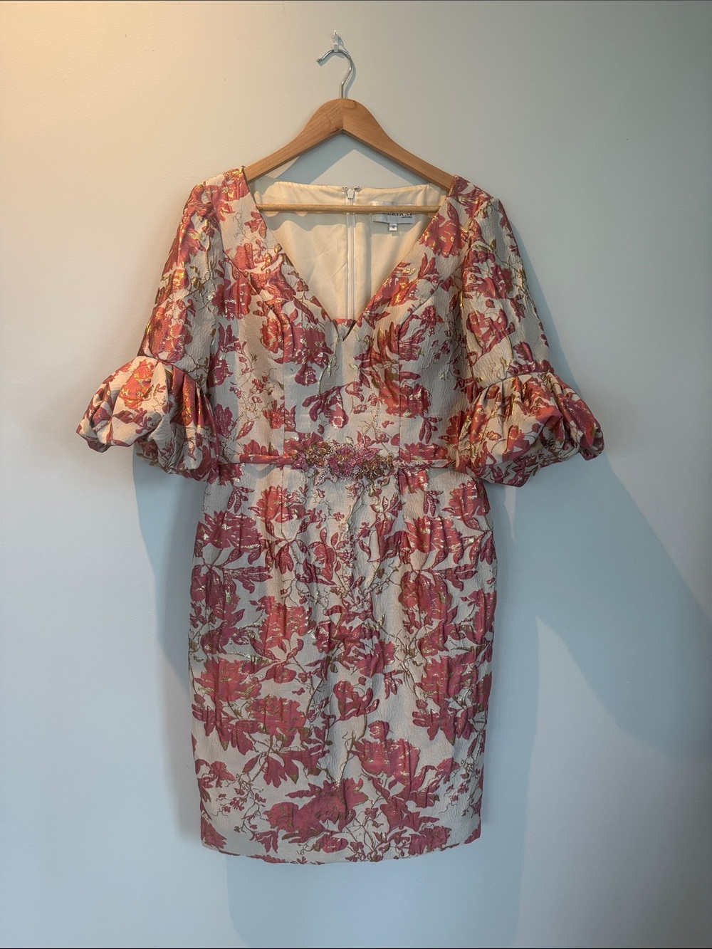 V-Neck Midi Dress with Rose Pink Floral Jacquard